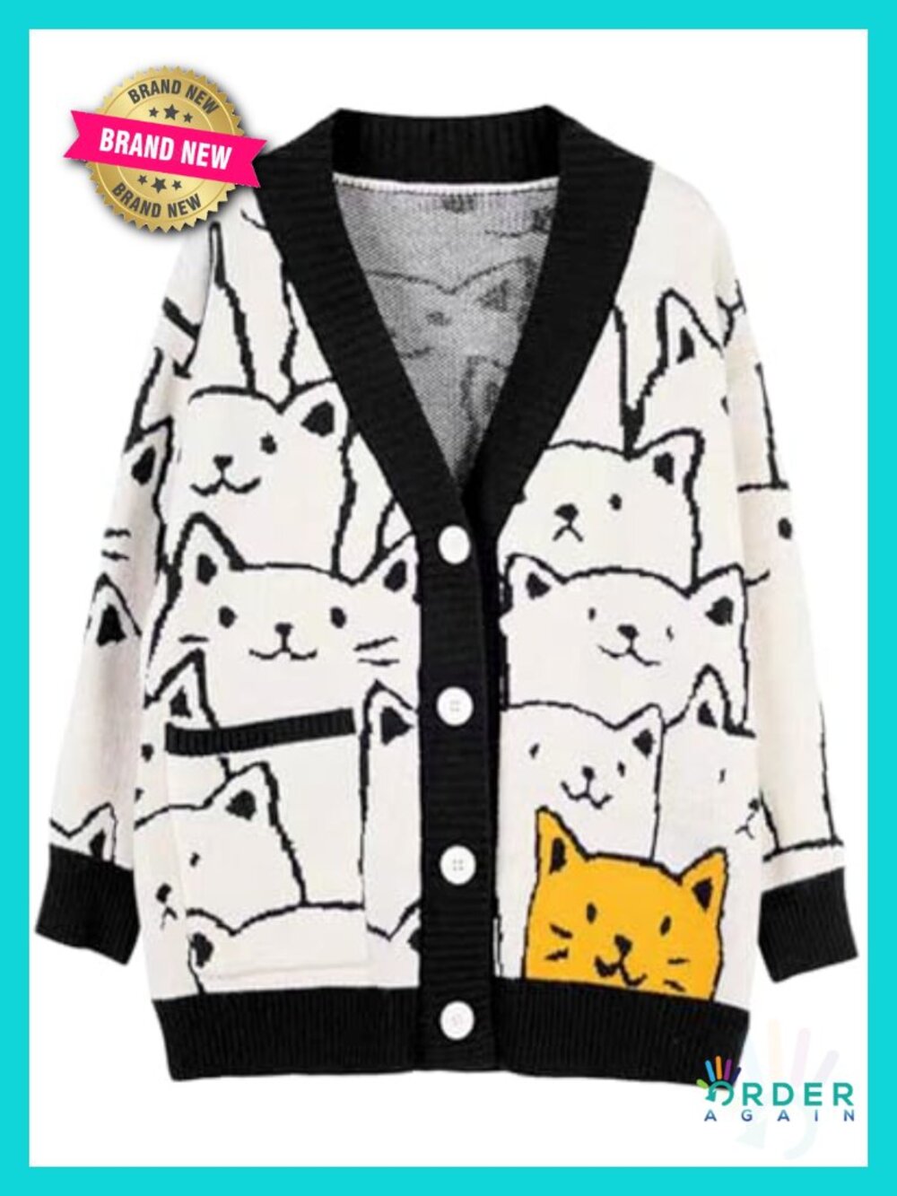 Oversized Kawaii Cat Print Cardigan V-Neck Button Front Knit Sweater